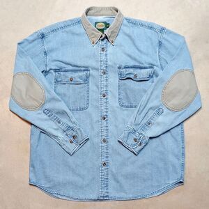 Vintage Cabela's Denim Shirt Mens LARGE Long Sleeve Elbow Patches Button